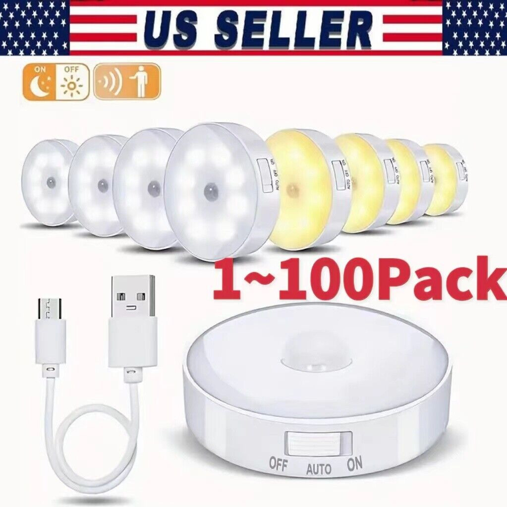 LED Motion Sensor Under Cabinet Closet Light USB Rechargeable Kitchen Lamp