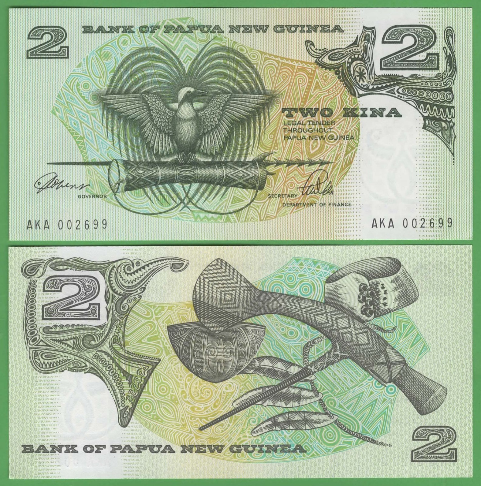 Papua New Guinea 2 Kina UNC Banknote 1981 P-5c Kundu Drum Bird Oceania Currency