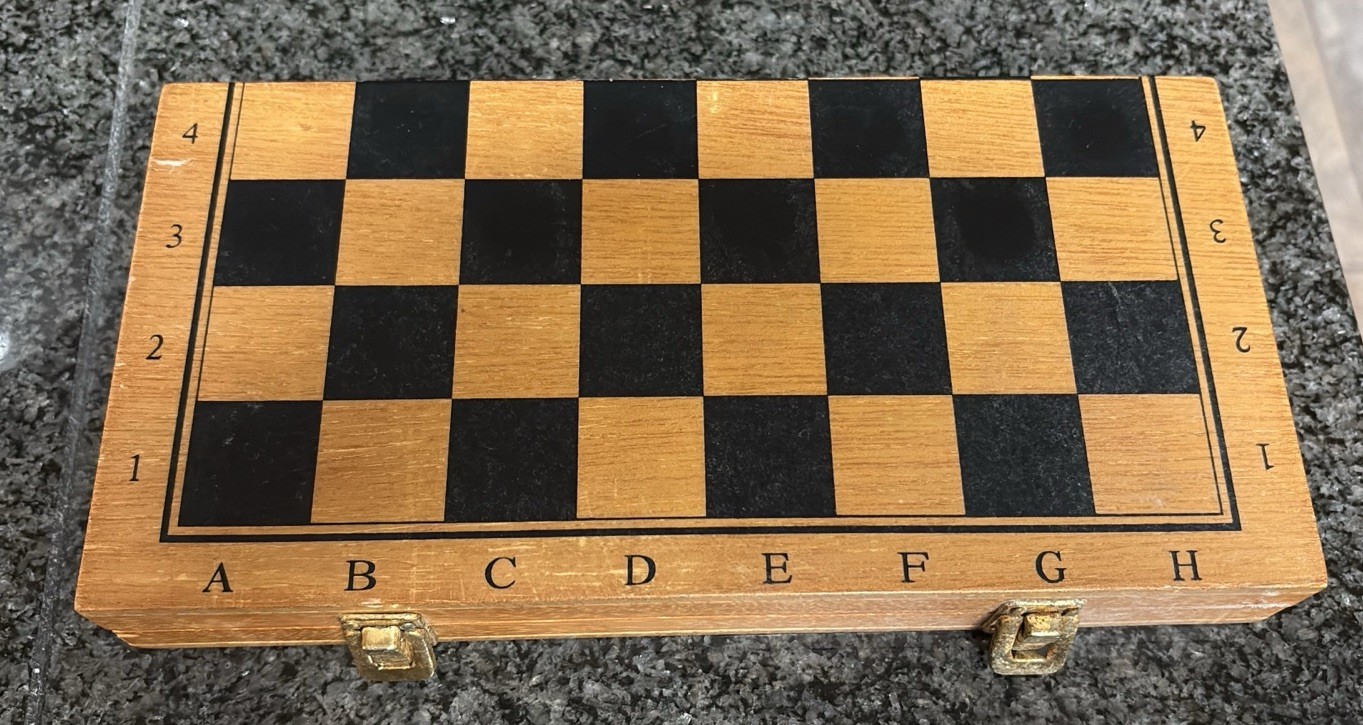 Chess Travel Hinged Wood Board Metal Bronze Silver Pieces Set Small Mini