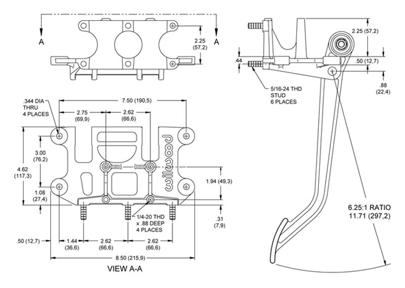 Wilwood Swing Mount Brake & Clutch Aluminum Pedal Assembly,6.25 to 1 Ratio