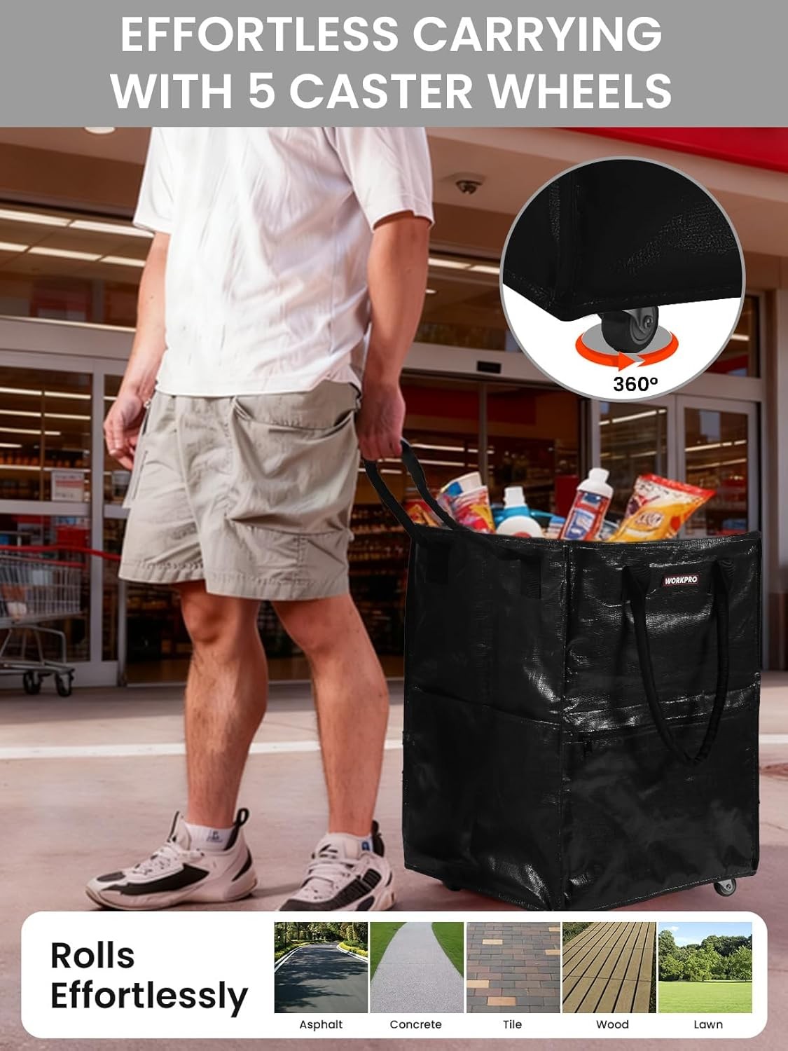 WORKPRO 36-Gallon Large Rolling Grocery Bag Tote 5 Wheels Dual Carry Storage Bag