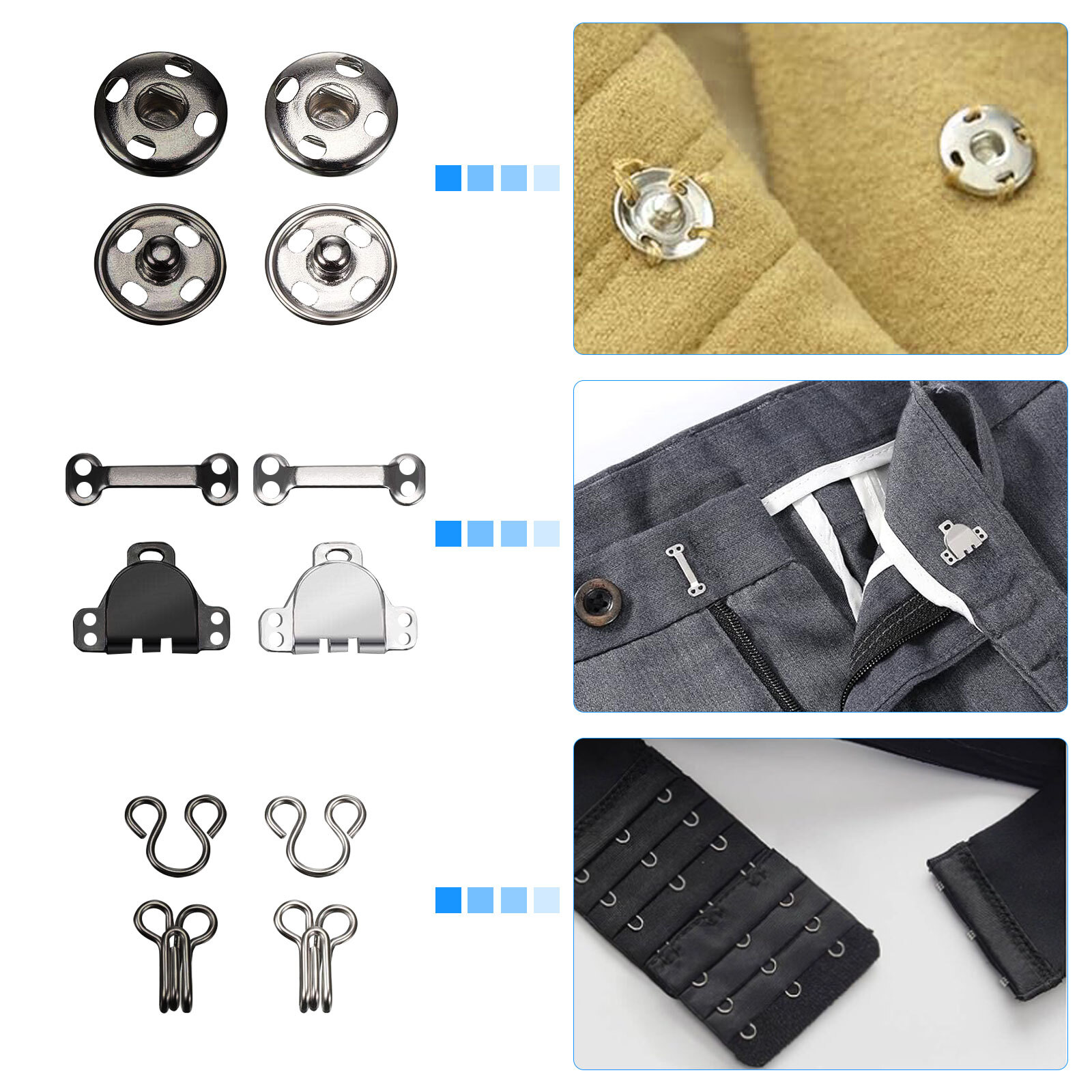 100 Pair Sewing Hook and Eye Closure 3 Styles Fasteners for Trousers Skirt Dress