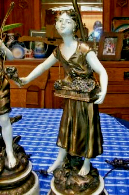 Vintage French Figural Lamps Moreau Fisherman Lady Flower Basket Bronzed Metal