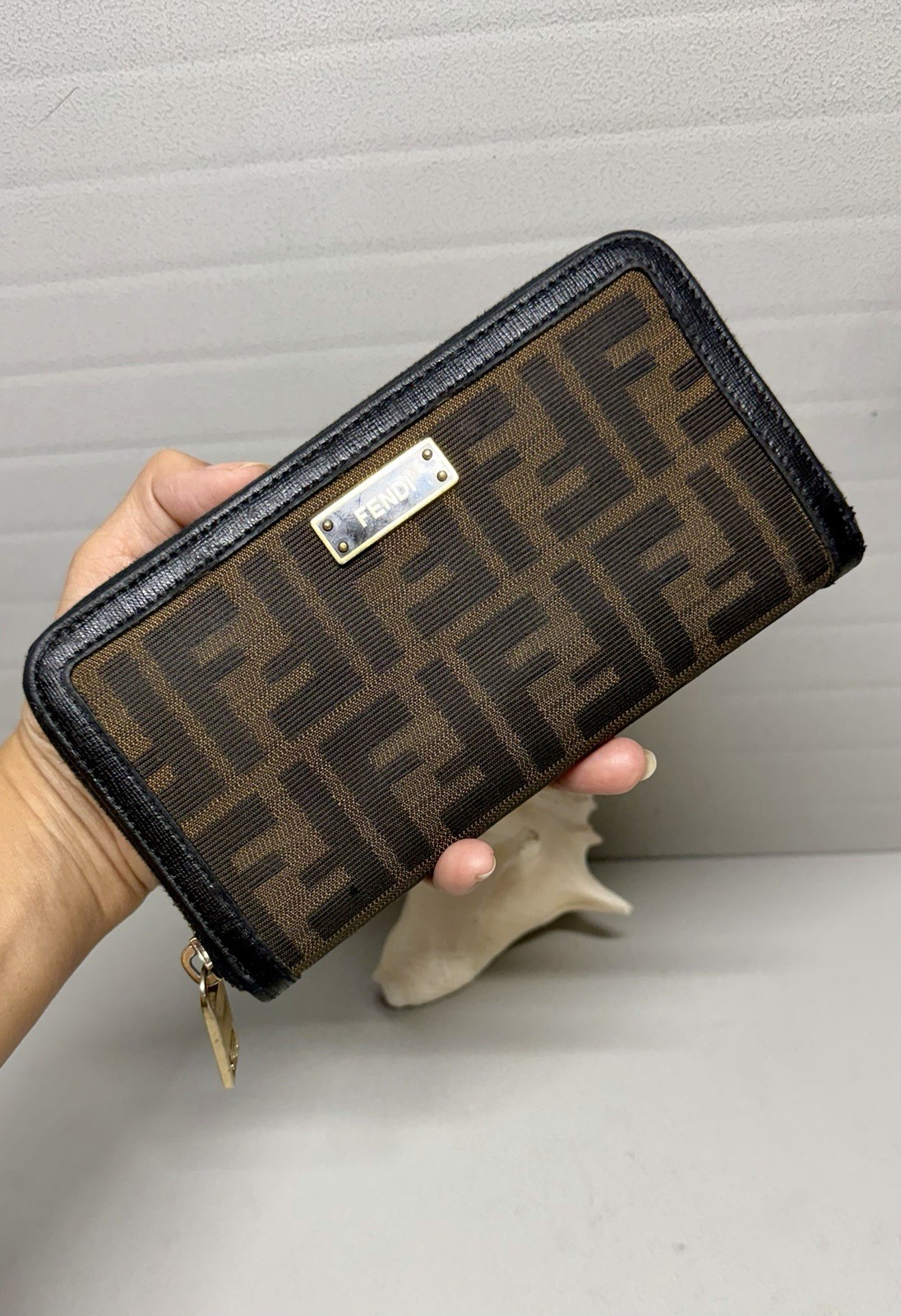 Vintage Classic FENDI ZUCCA Brown/black Trim Continental Zip Around Wallet