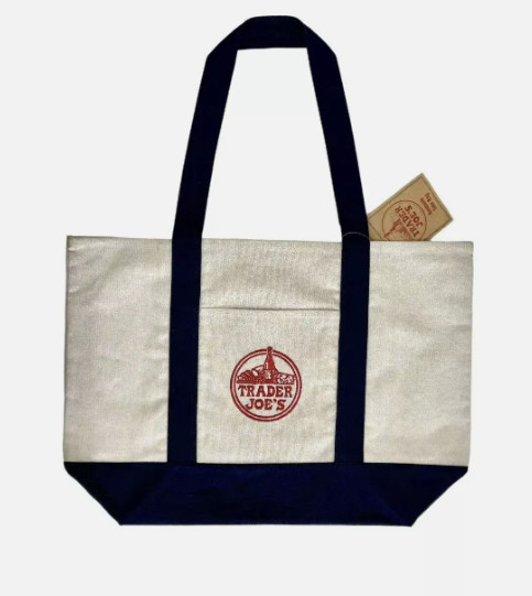 2x Trader Joe's NEW 💚 Blue AUTHENTIC LARGE & MINI CANVAS REUSABLE TOTE BAGS SET