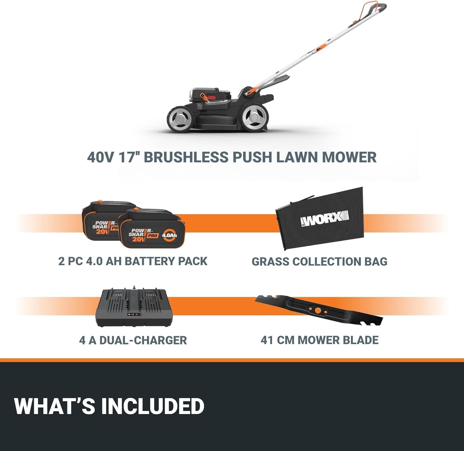 Worx 40V 17'' Cordless Push Lawn Mower (2 Batteries & Charger Included) WG745