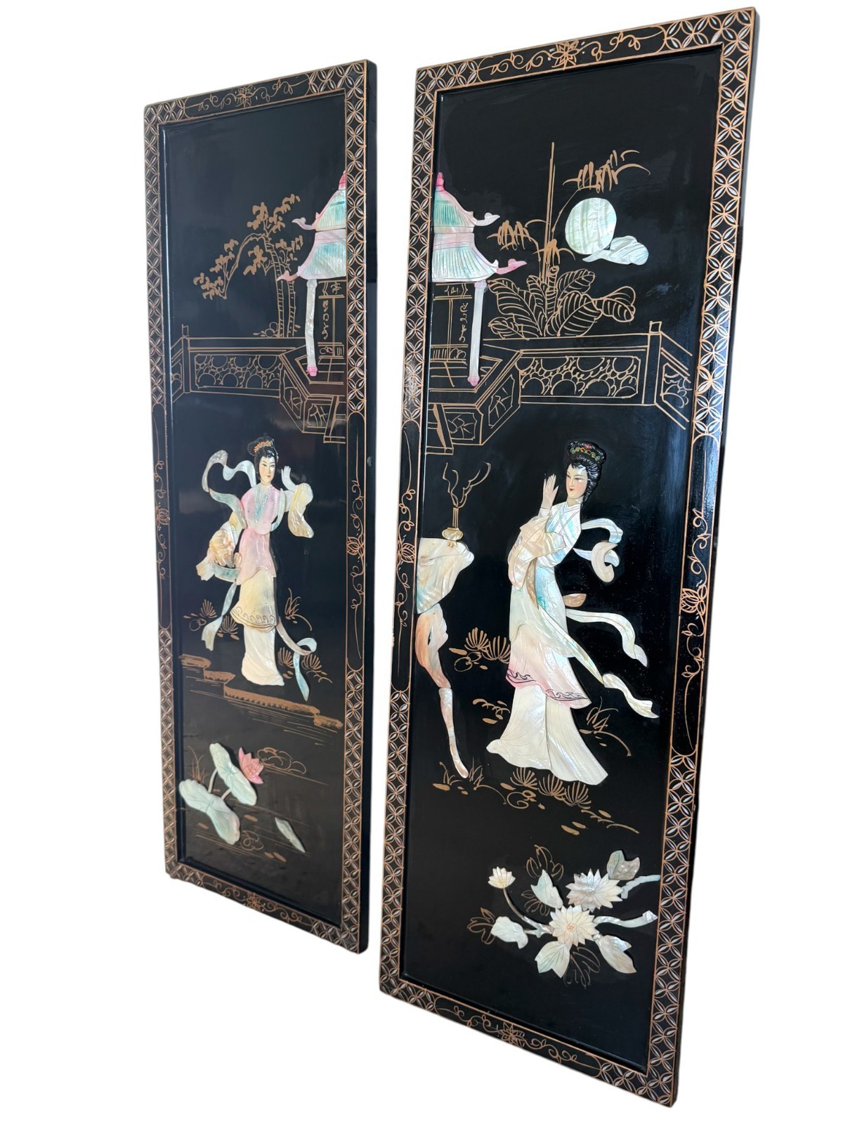 Vintage Chinese Black Lacquer Wall Panels 12x36 Mother of Pearl Inlay Set of 2