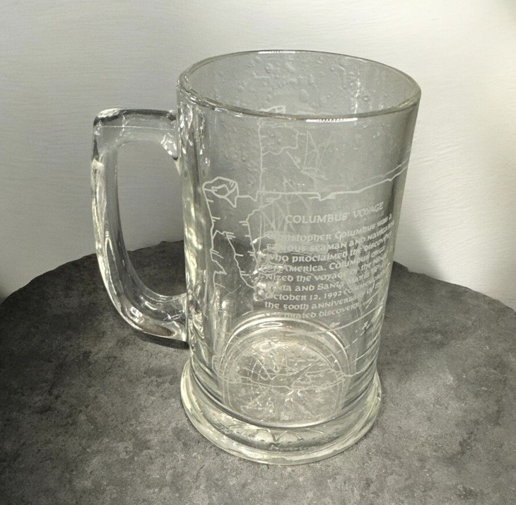 Christopher Columbus The PINTA Etched Glass Beer Mug Stein Nautical compass