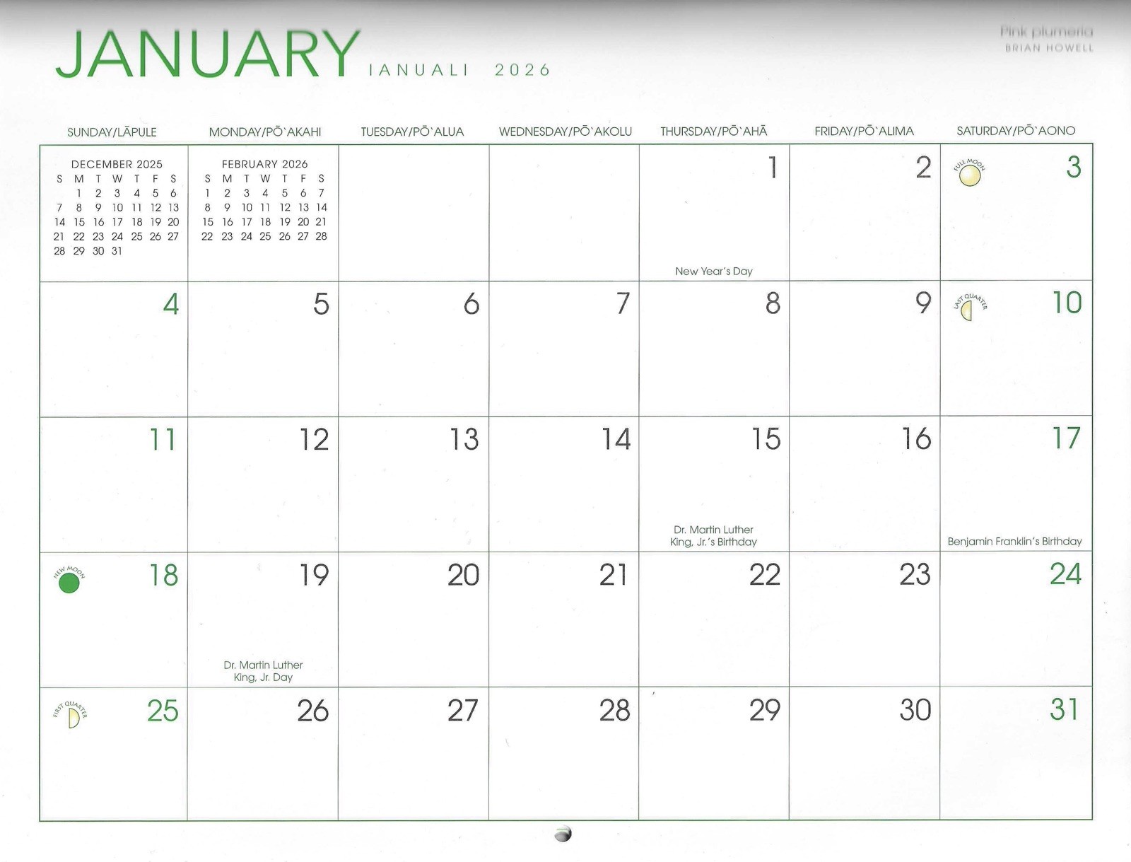 2026 Hawaiian Wall Calendar Flowers Tropical Hibiscus Orchids Plumeria Holiday