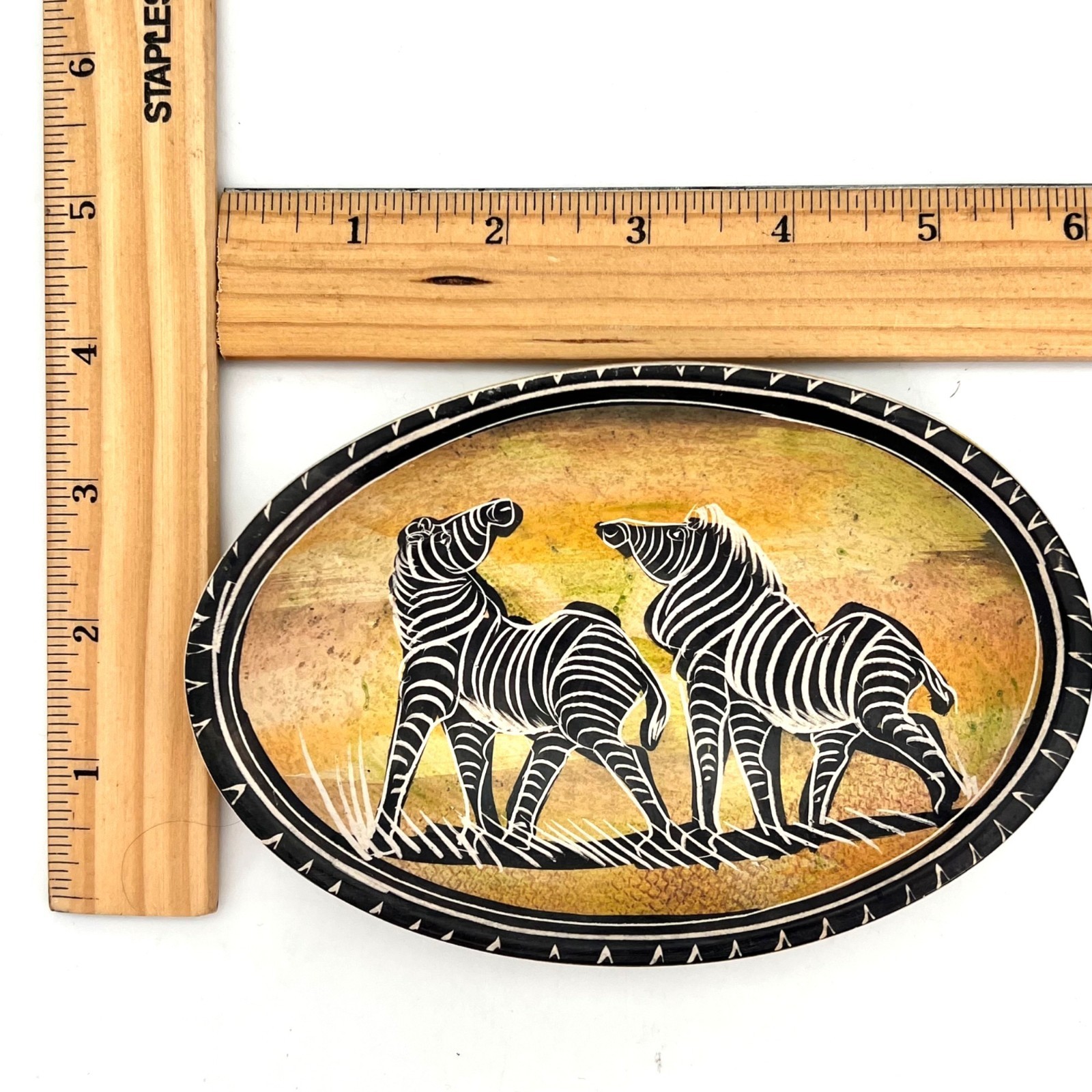 Zebra Oval Trinket Dish Hand Carved Painted Wood Africa Safari Theme Home Decor