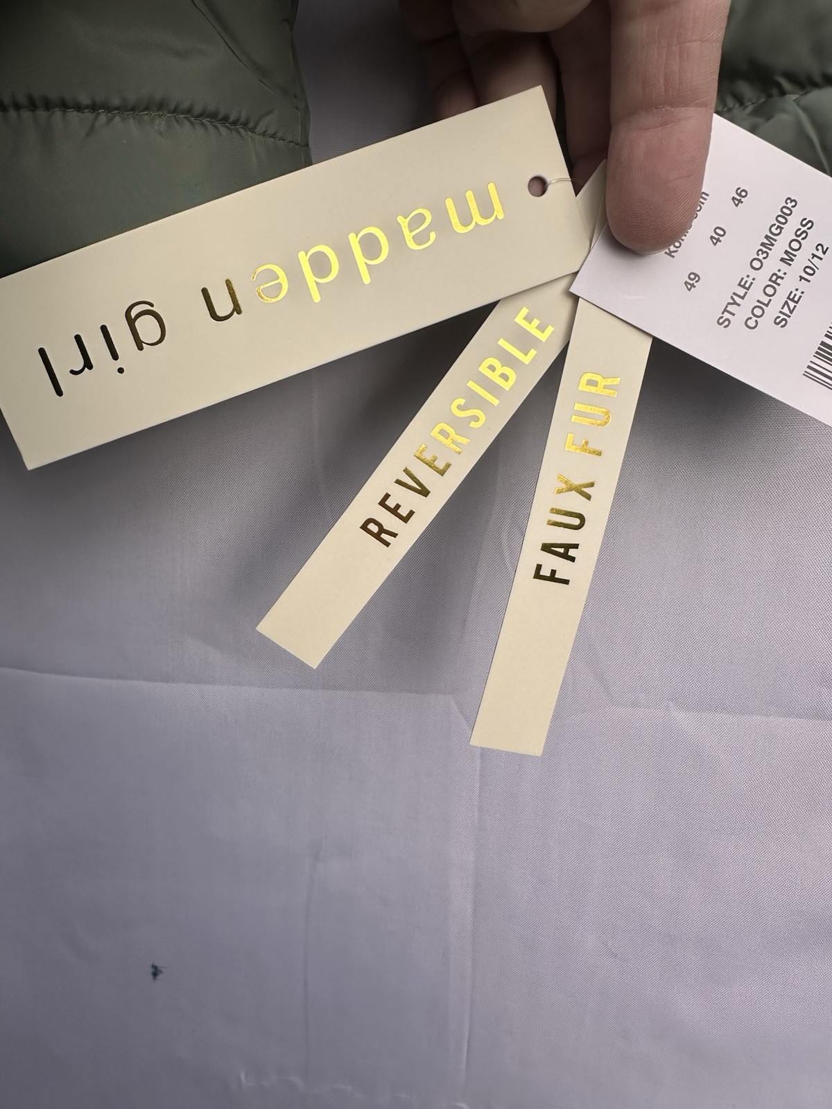 Madden Girl Reversible Winter Coat, Size 10/12, Moss Green, New