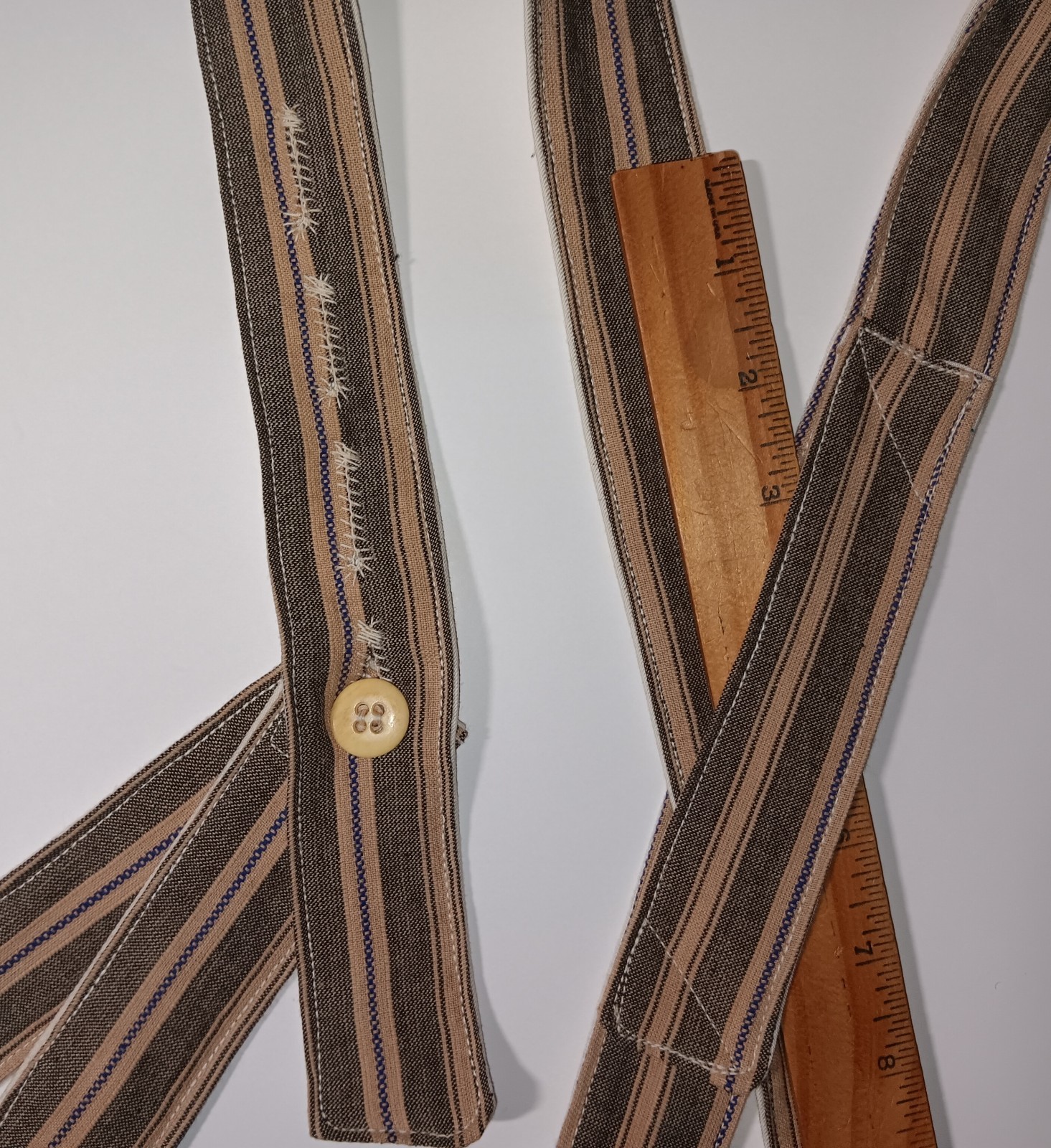 Civil War Braces TEA DYE GRAY BLUE sewn on Period Hand Crank Sewing Machine