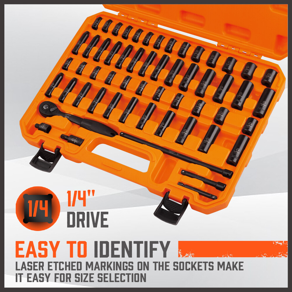 56Pcs 1/4" Drive Impact Deep Socket Set Extension Bar Universal Joint SAE Metric