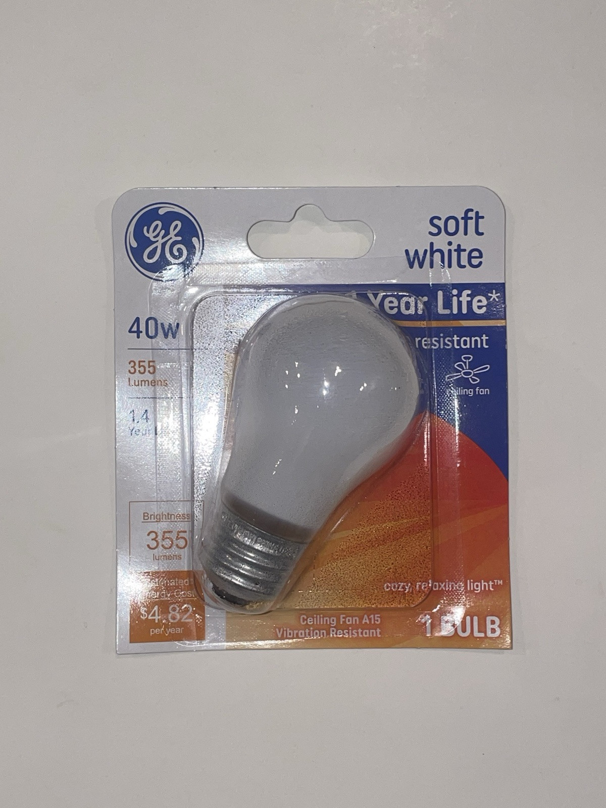 4 Soft White GE Ceiling Fan Bulbs 40W 355 Lumen Vbration Resistant