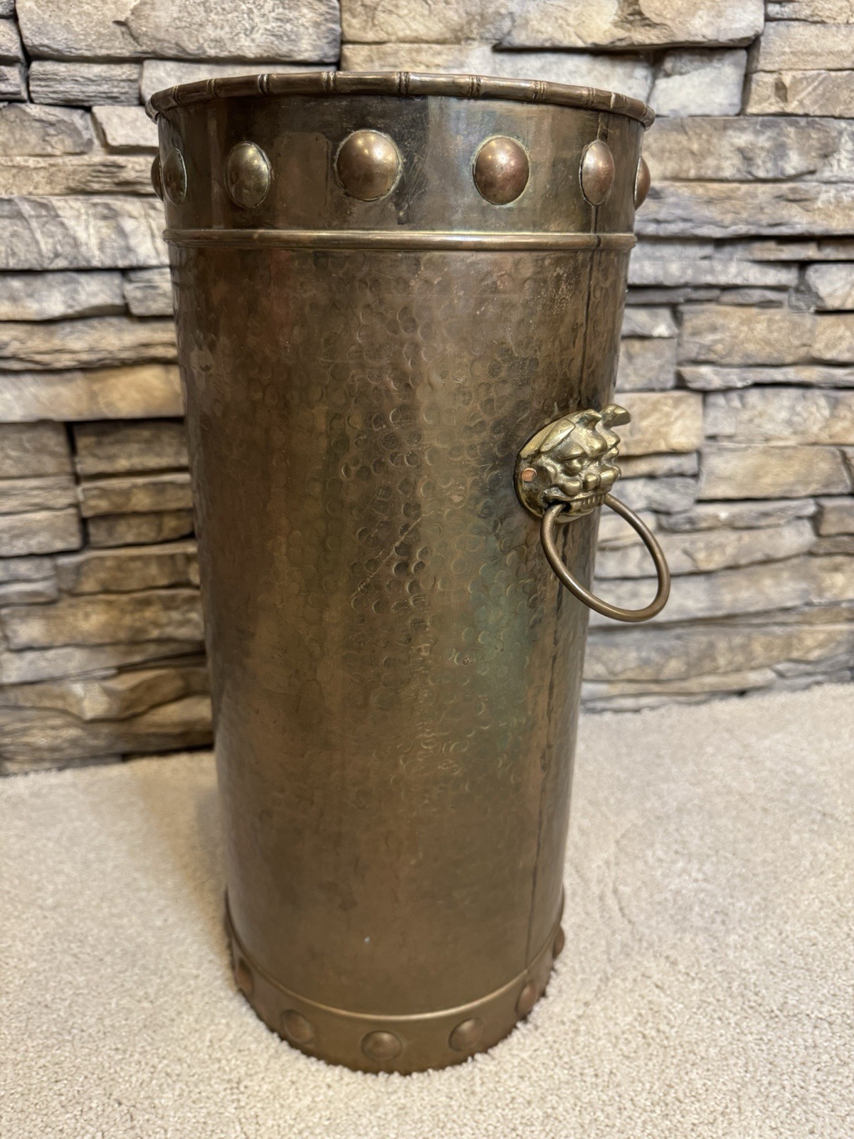18" Tall Vintage Hammered Brass Umbrella Stand With Lion Head Handles Hong Kong