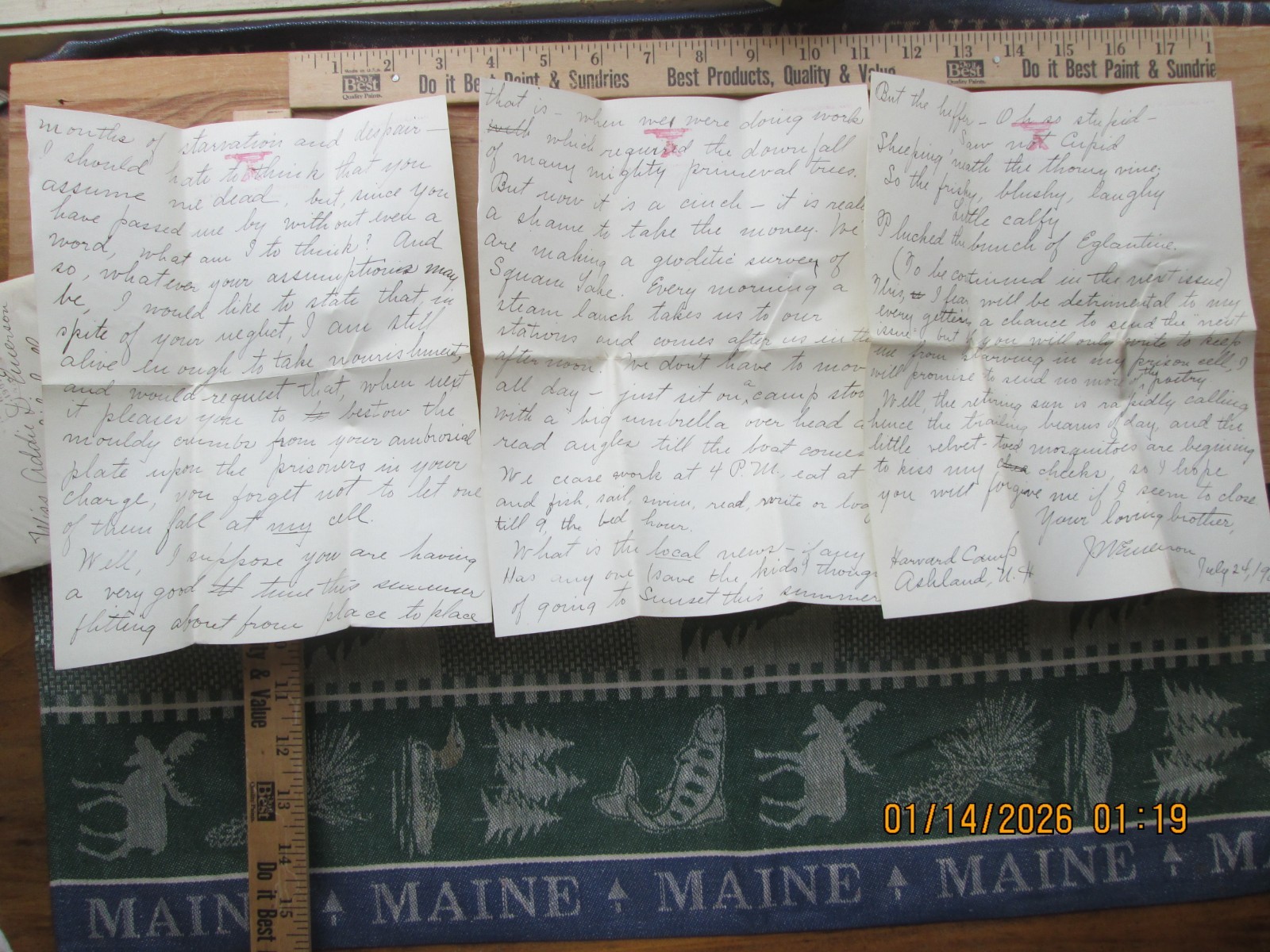 1901 Harvard Engineering Camp Squam Lake Ashland NH letter