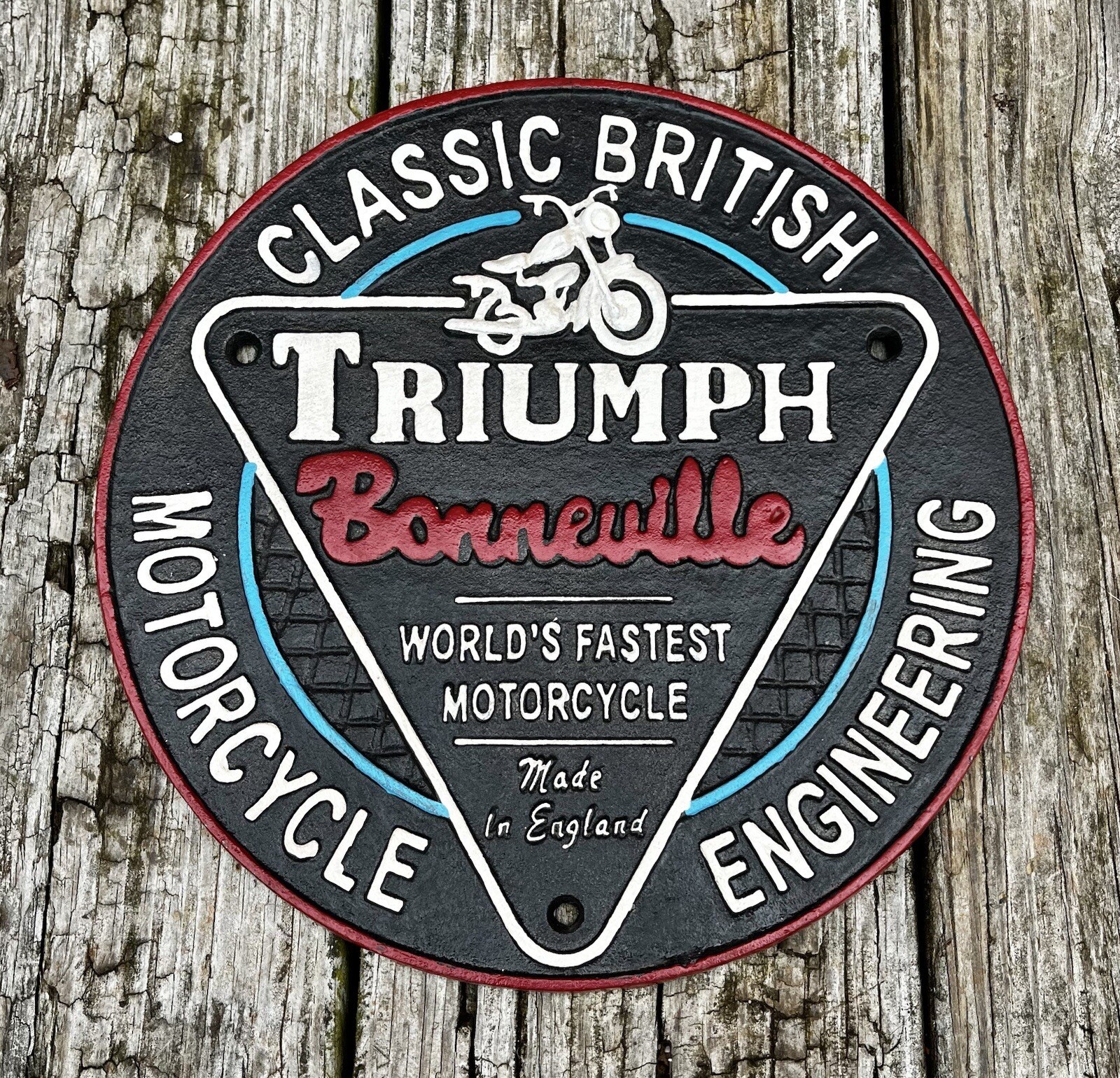 TRIUMPH Bonneville Motorcycles Circular Logo Cast Iron Wall Sign, 9.5” Diameter