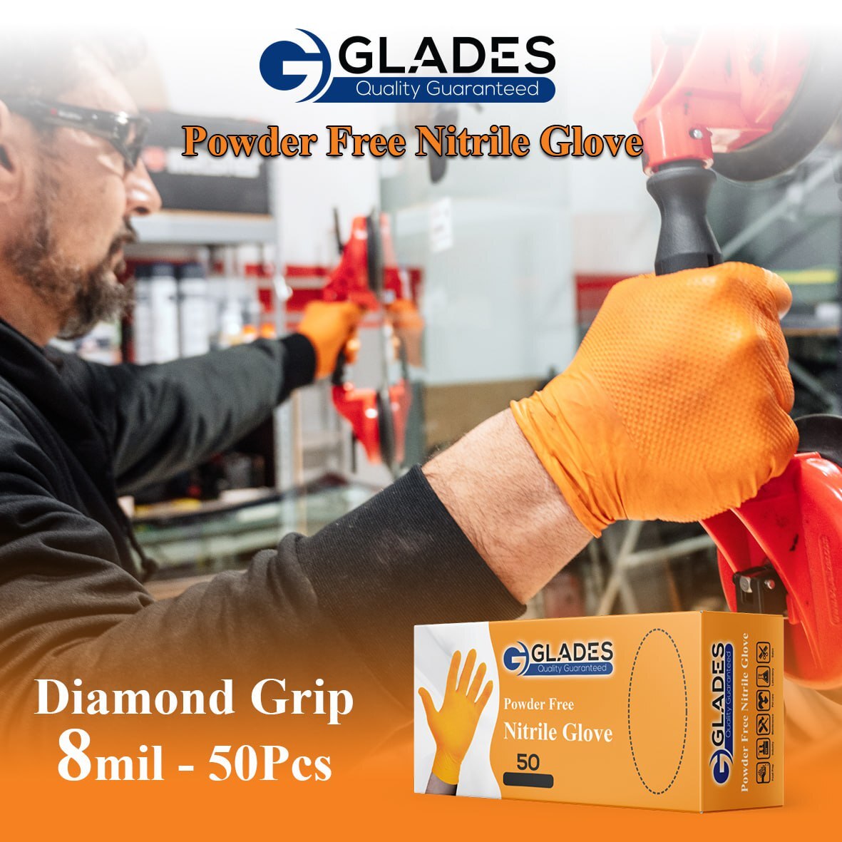 GLADES™ 8 Mil Heavy Duty Nitrile gloves Diamon Texture Indutrial Mechanic Gloves