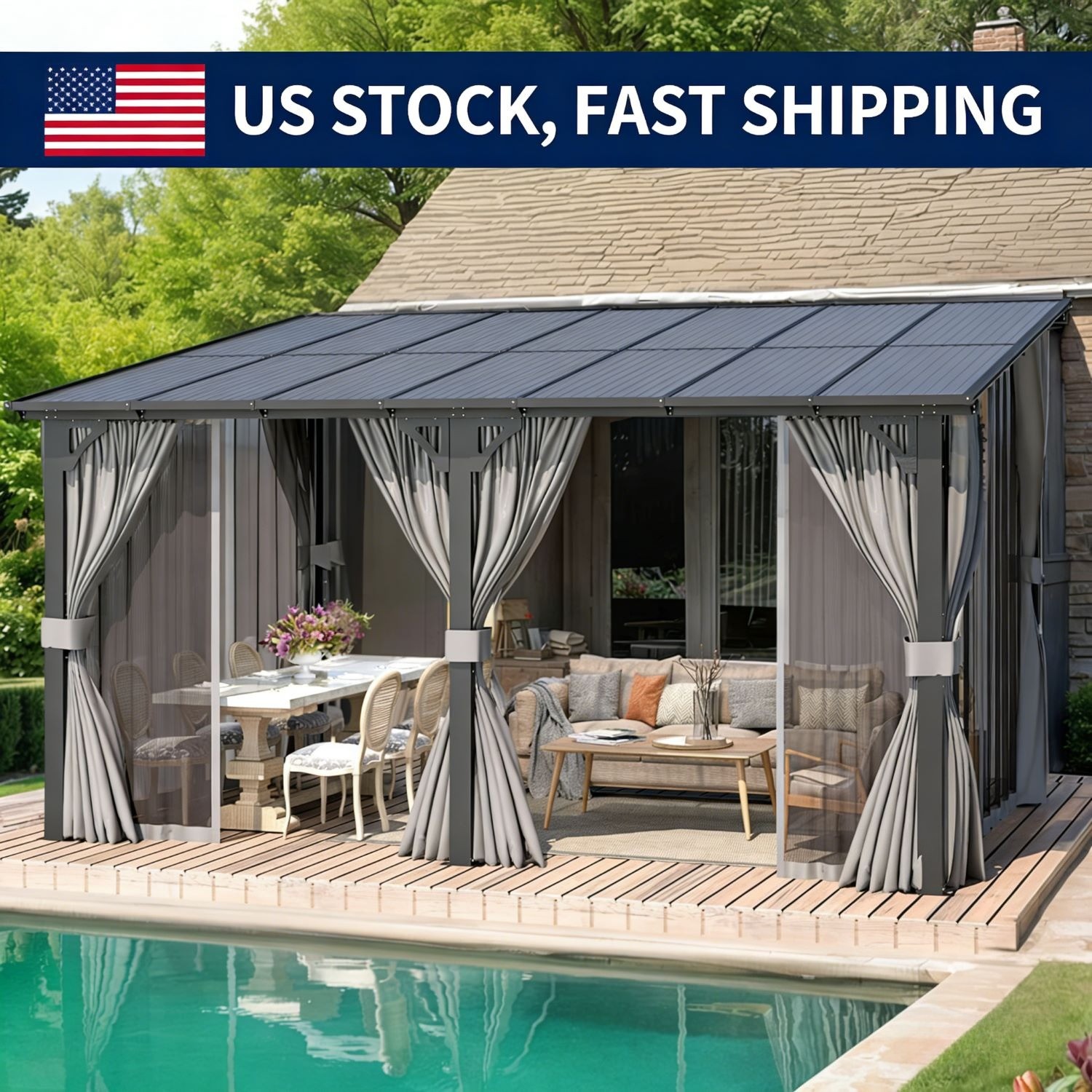 Wall-Mounted Hardtop Lean to Metal Pergola, Patio Gazebo w/ Curtains and Netting
