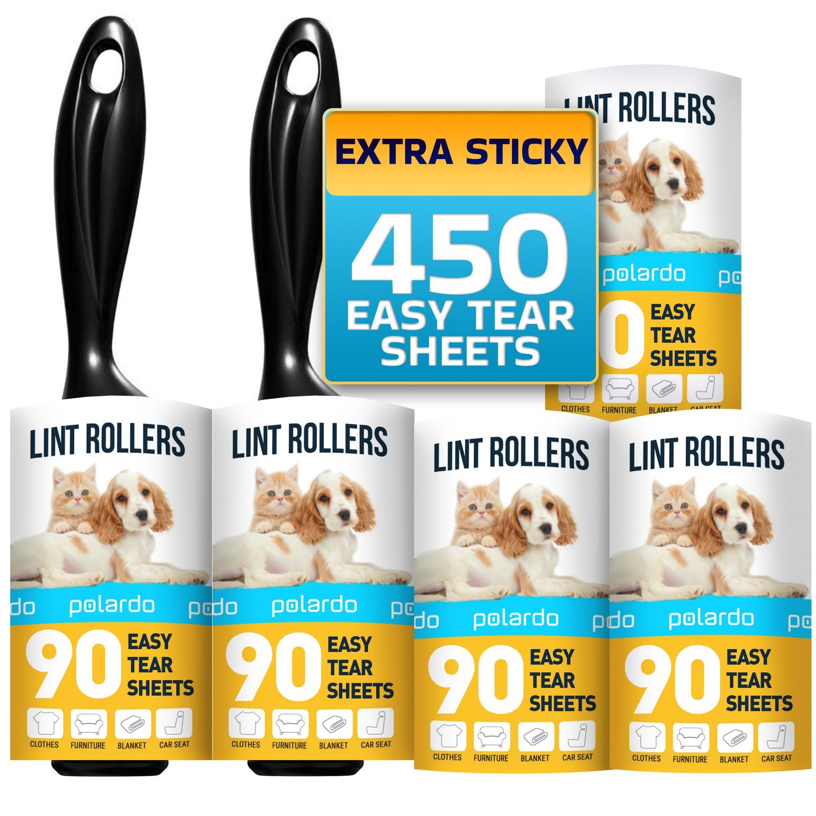 Lint Rollers for Pet Hair, Sticky, Remover 5 pcs - 450 Sticky Sheets, White