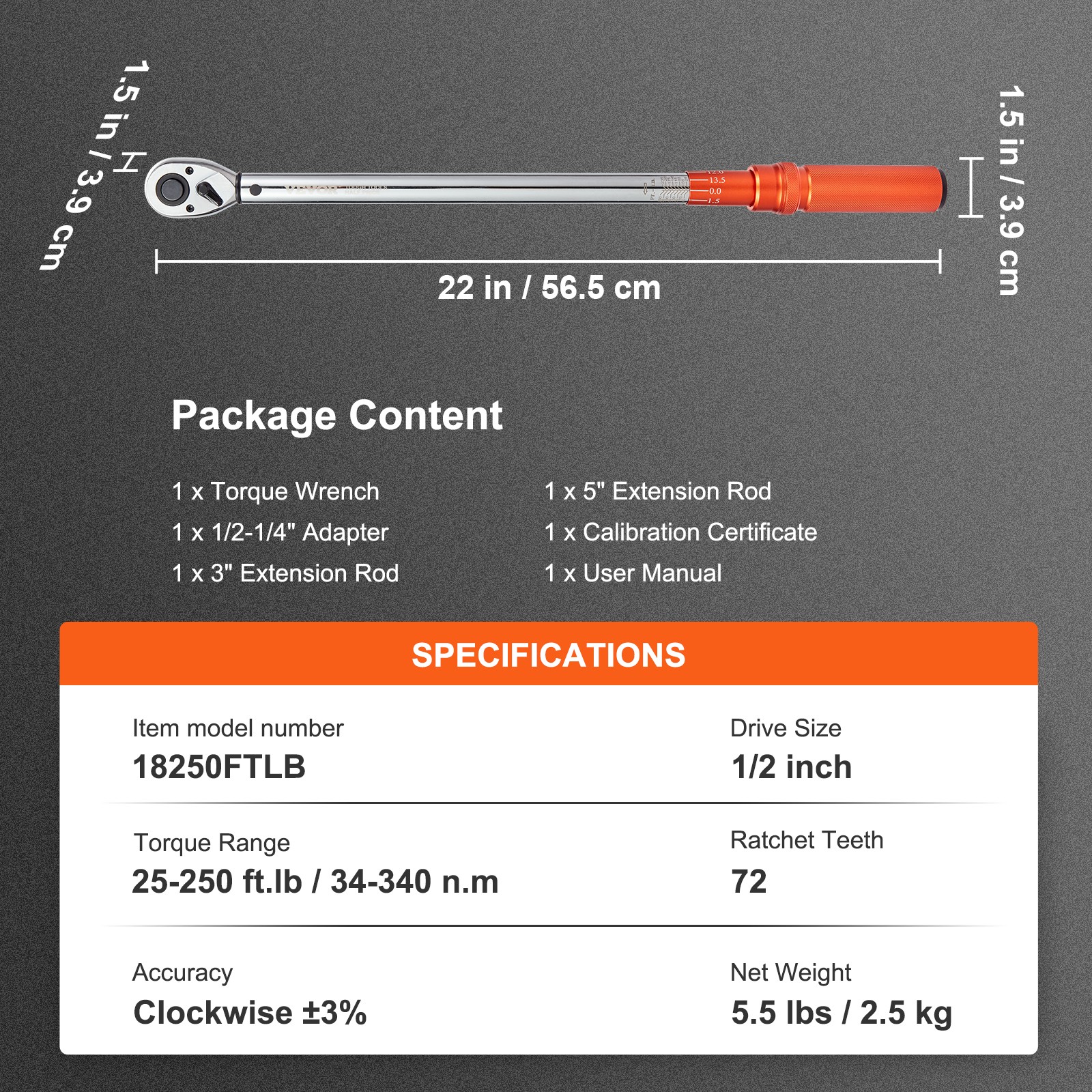 VEVOR Torque Wrench Adjustable Torque Wrench 1/2" Drive 25-250ft.lb/34-340n.m