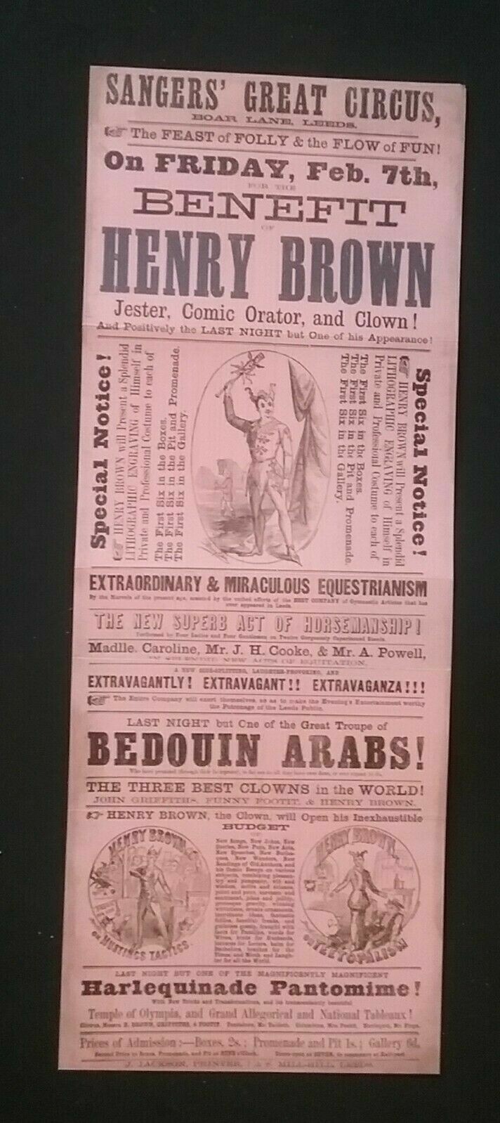 VICTORIAN POSTER , SANGERS GREAT CIRCUS, BOAR LANE , LEEDS , *Reproduction*