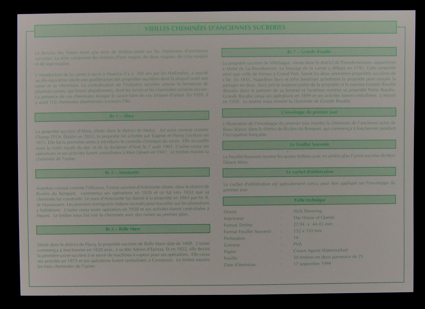 Mauritius Stamp Old Chimneys, OFFICIAL FIRST DAY COVER. 17 Sept 1999. UNADDRESS