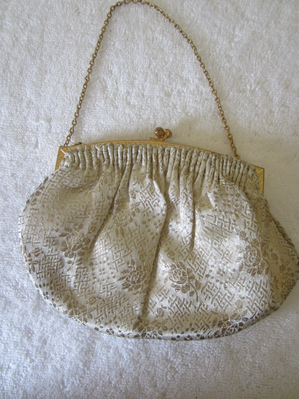 ALBRO of France Small Cream Gold Evening Bag Vintage 50s Brocade w/Kiss Lock