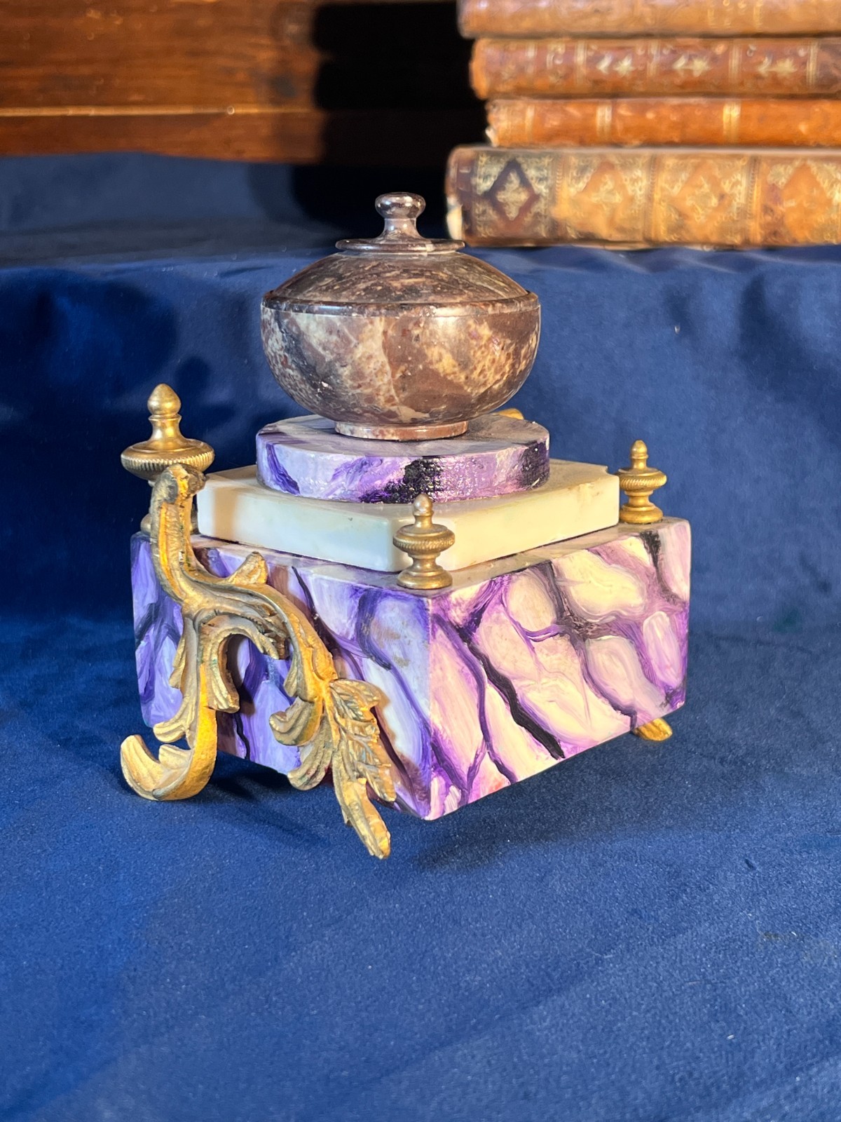 Napoleon III Style French Inkwell With Gilt Bronze Appliques and Marble Basin