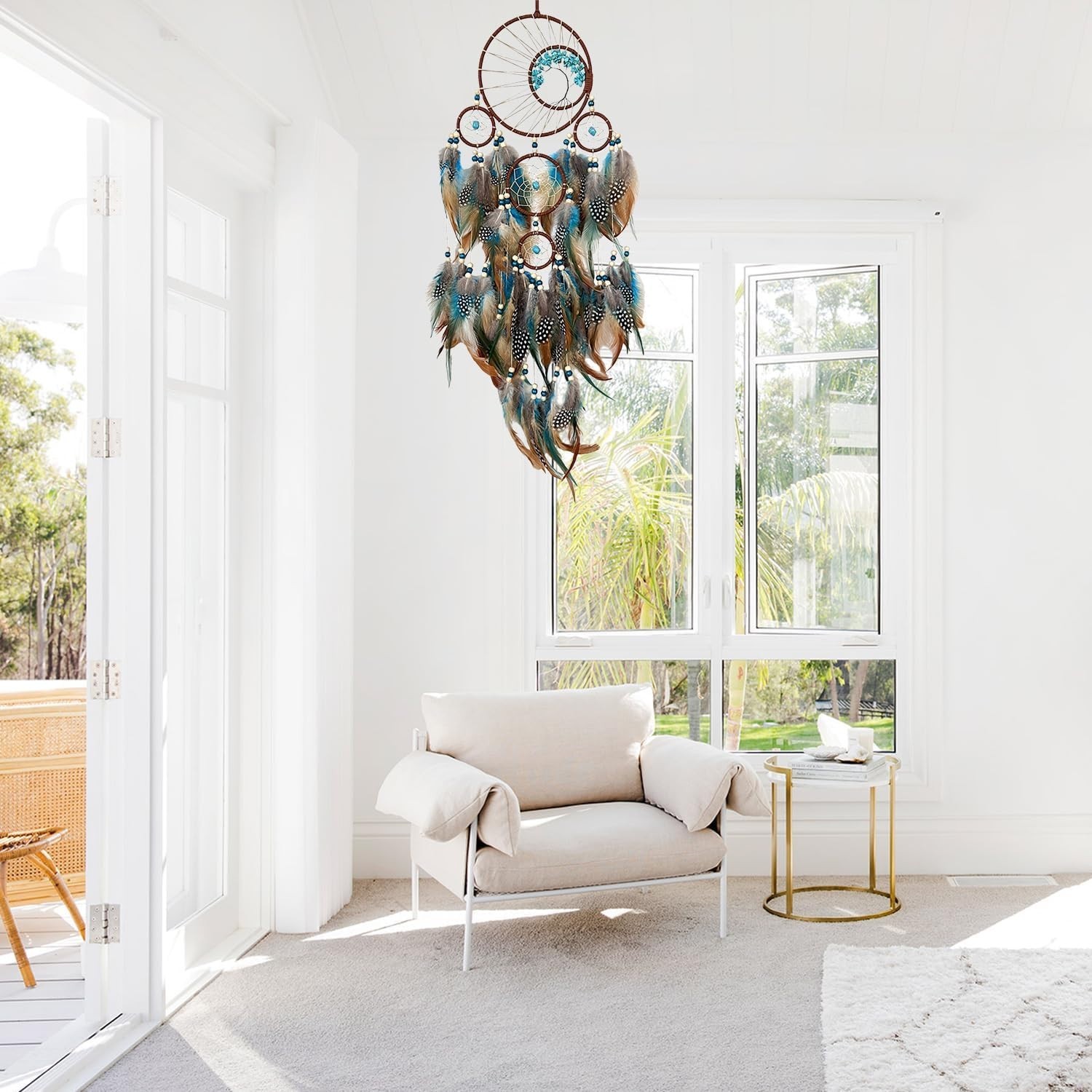 Turquoise Tree of Life Dream Catcher Natural Feathers Handcrafted Wall Hanging