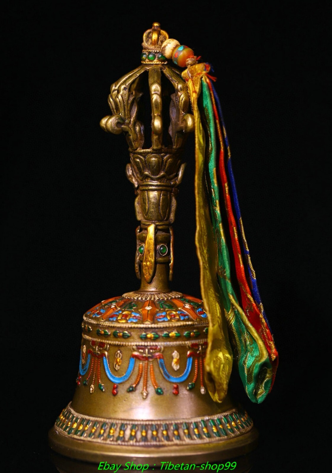 8.6''Old Tibet Bronze Painting inlay Dzi Bead Dorje Vajra Bell & Holder Faqi