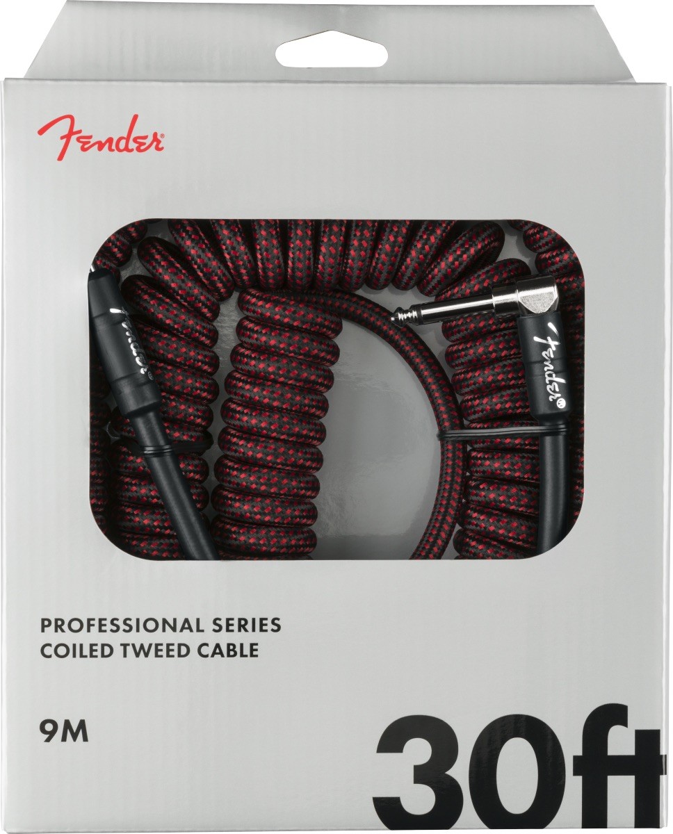 Fender Coiled Guitar/Instrument Cable, RED TWEED, Straight to Right-Angle 30'ft
