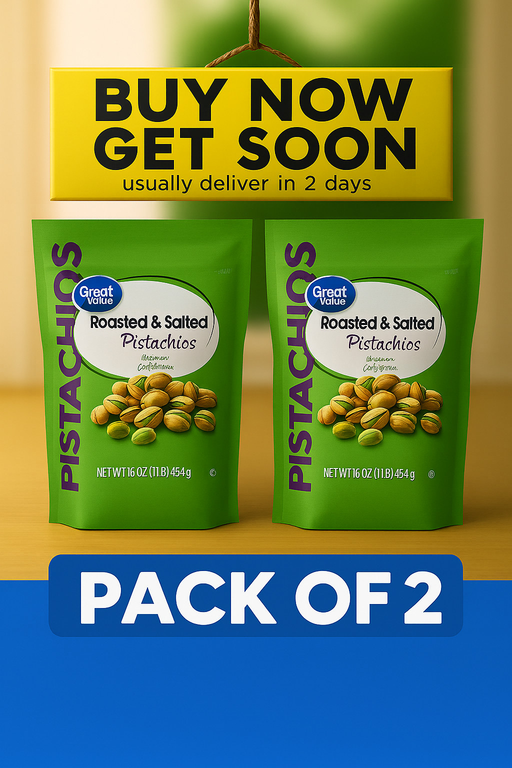 Great Value Roasted & Salted Pistachios 16oz Bag – 2 Pack Resealable Fresh Snack