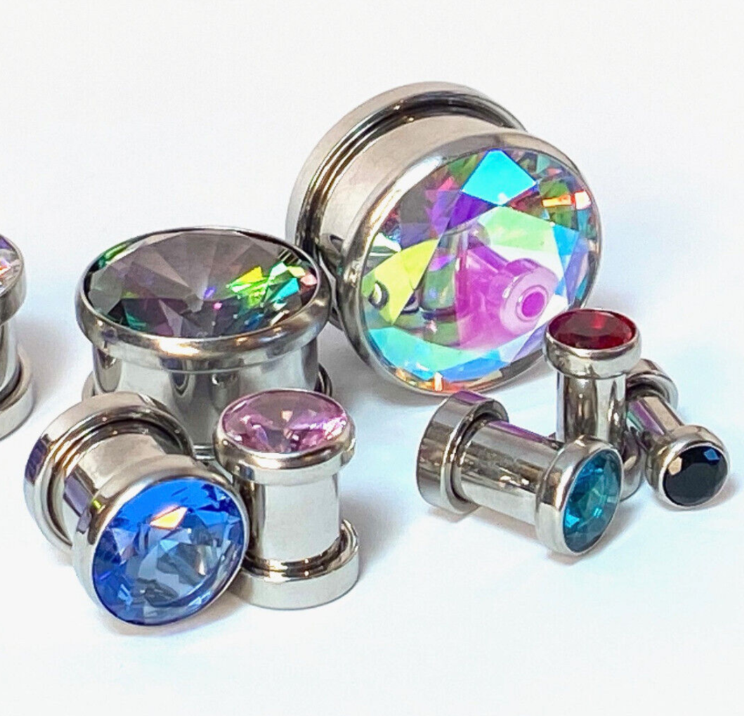 PAIR Large Gem Screw Fit Tunnels Plugs Gauges Earlets Piercing Body Jewelry