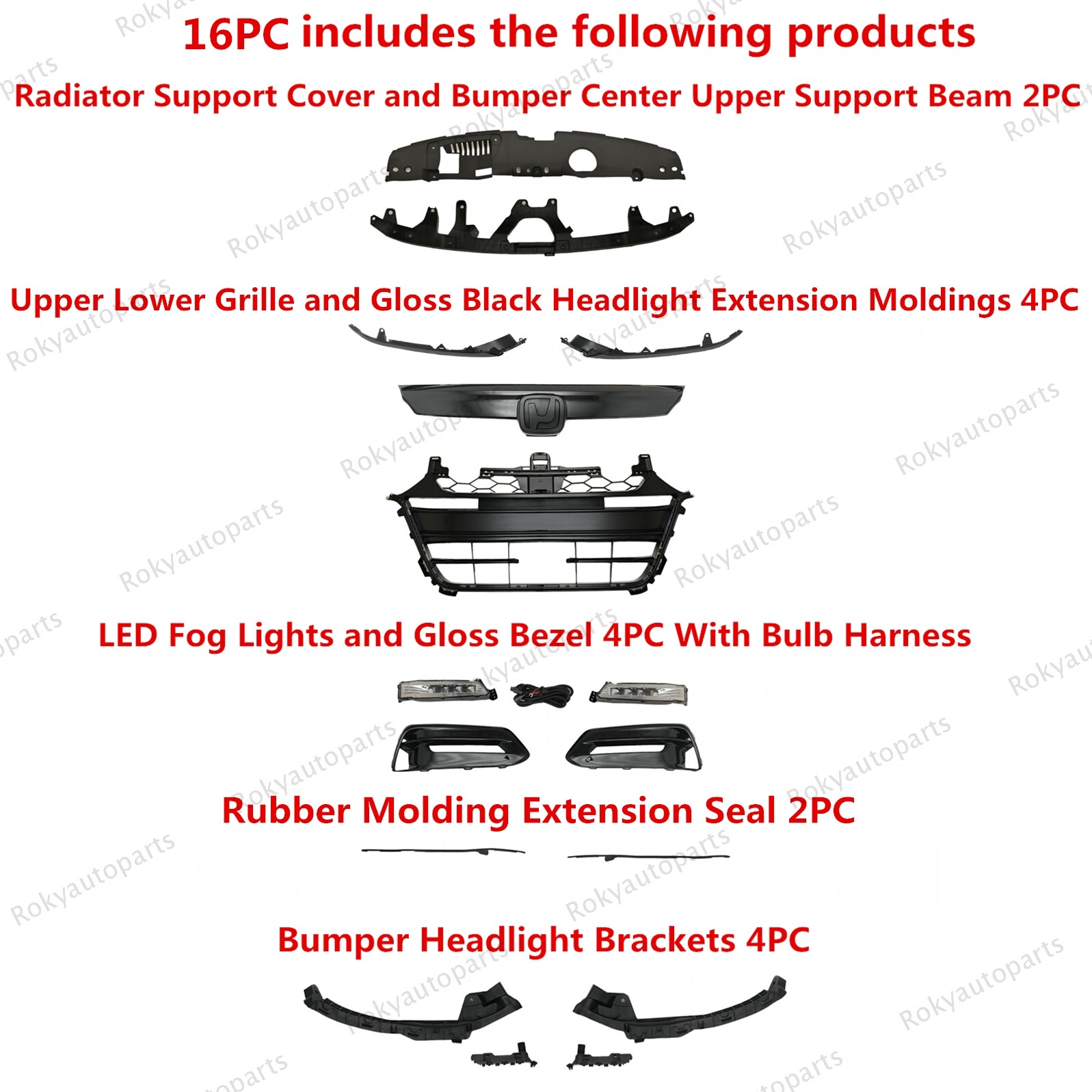 For Accord Sport 2018-2020 Gloss Black Grille Fog Light Trim Bumper Brackets Set
