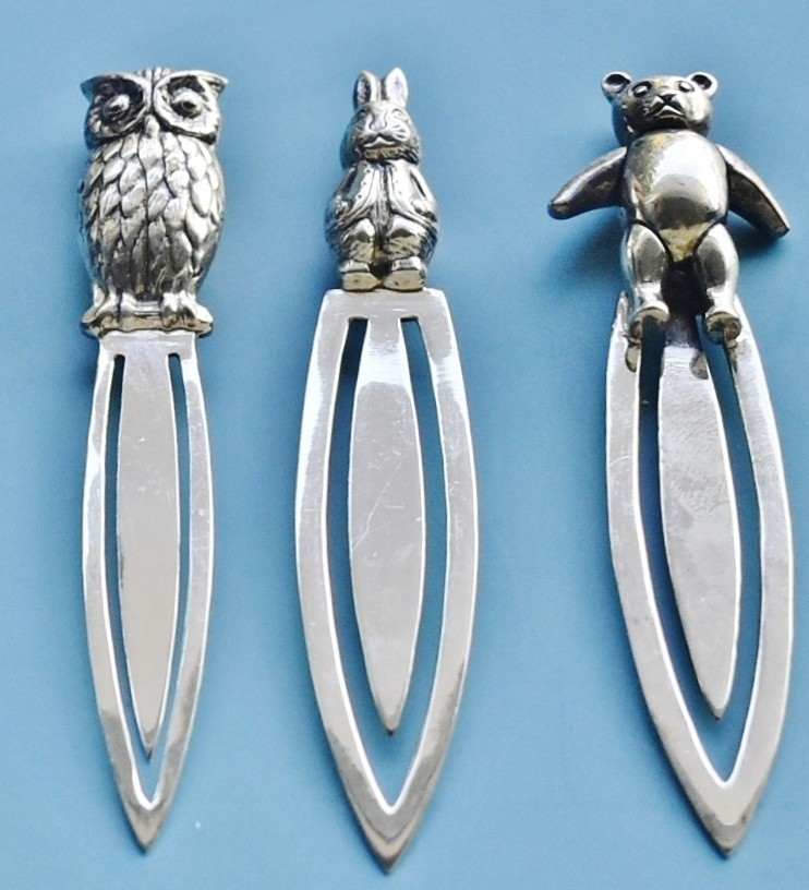 Vintage Set Of 3 Sterling Silver 925 Bookmarks * Owl * Rabbit * Teddy Bear