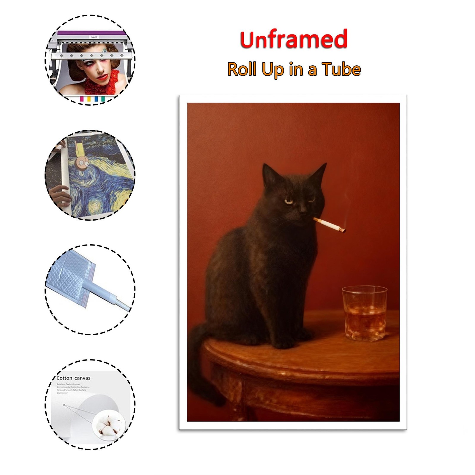 Black Cat Smoking a Cigarette Print Vintage Oil Painting Funny Animal Art