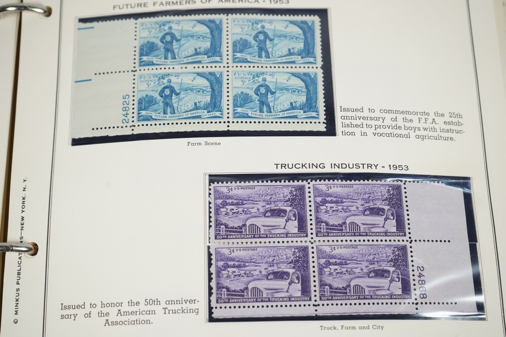 US 1950s-1960s COLLECTION OF 240 MINT PLATE BLOCKS STORED IN MINKUS ALBUM