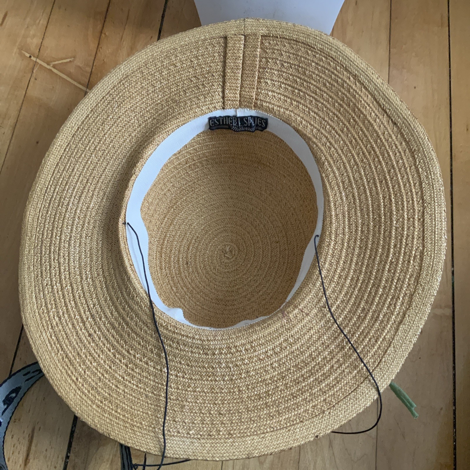 STRAW BOATER SKIMMER HAT BROWN RIBBON VINTAGE WOMENS LARGE BRIM