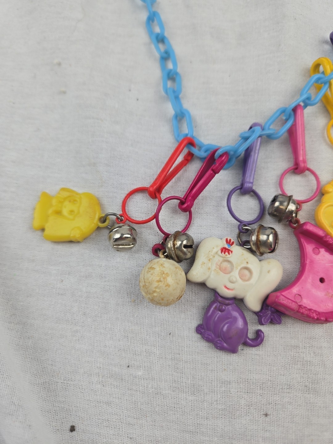 Vintage 80s Plastic Clip On Bell Charm Necklace 5 Charms