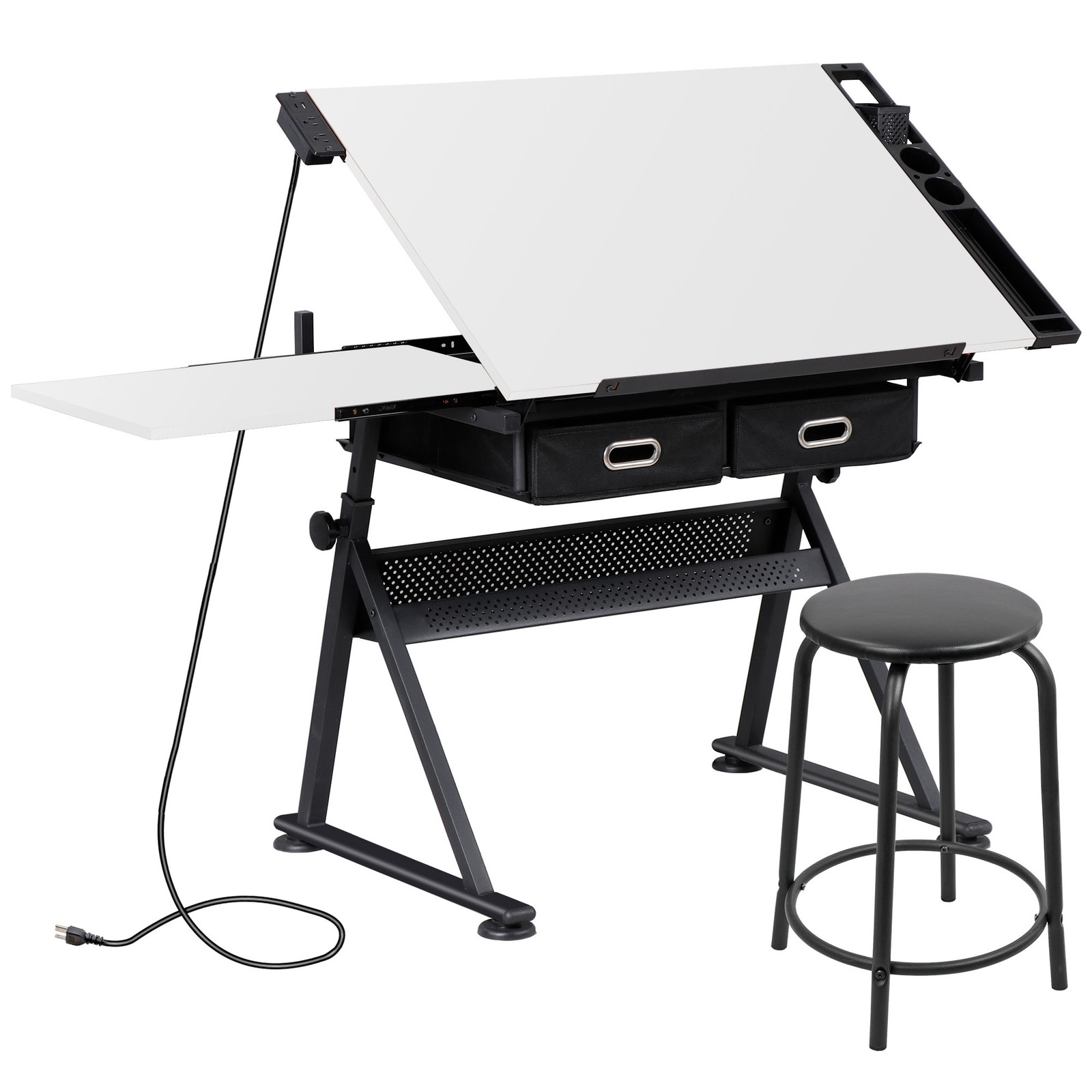 Drafting Table Drawing Desk Adjustable Tabletop w/Charging Station & Stool White