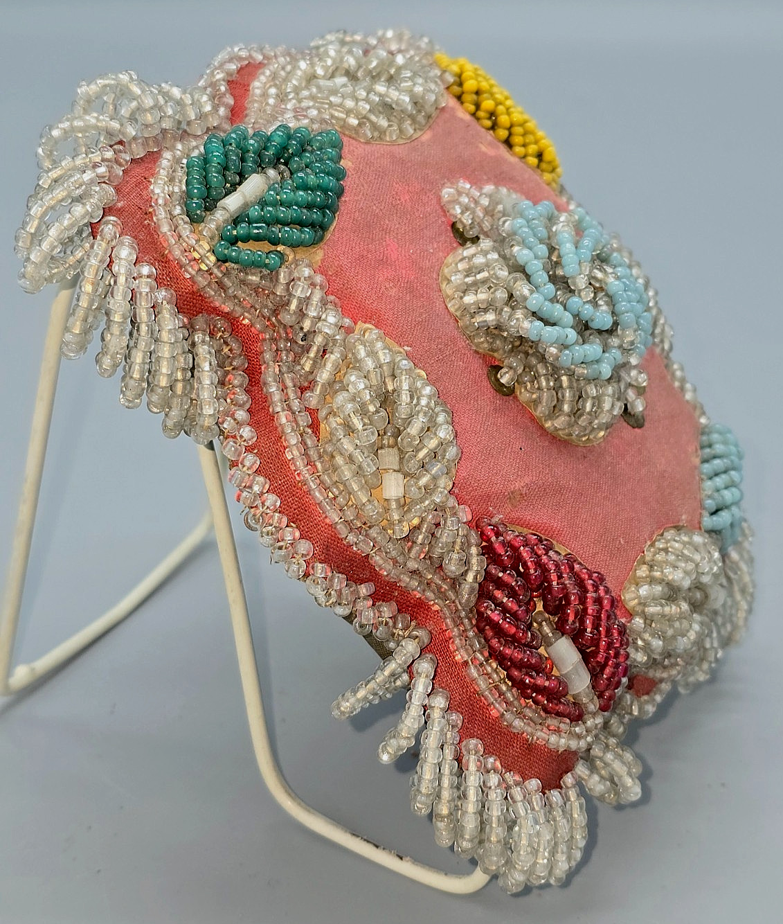 Antique Iroquois Nation 6x5" BEADED BIRD w/LEAVES PIN CUSHION/WALL ART, complete