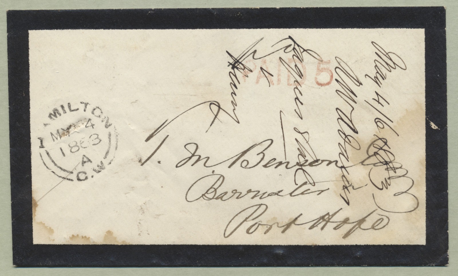 1863 Stampless Mourning Cover with Letter Hamilton CW to Port Hope 'PAID 5'