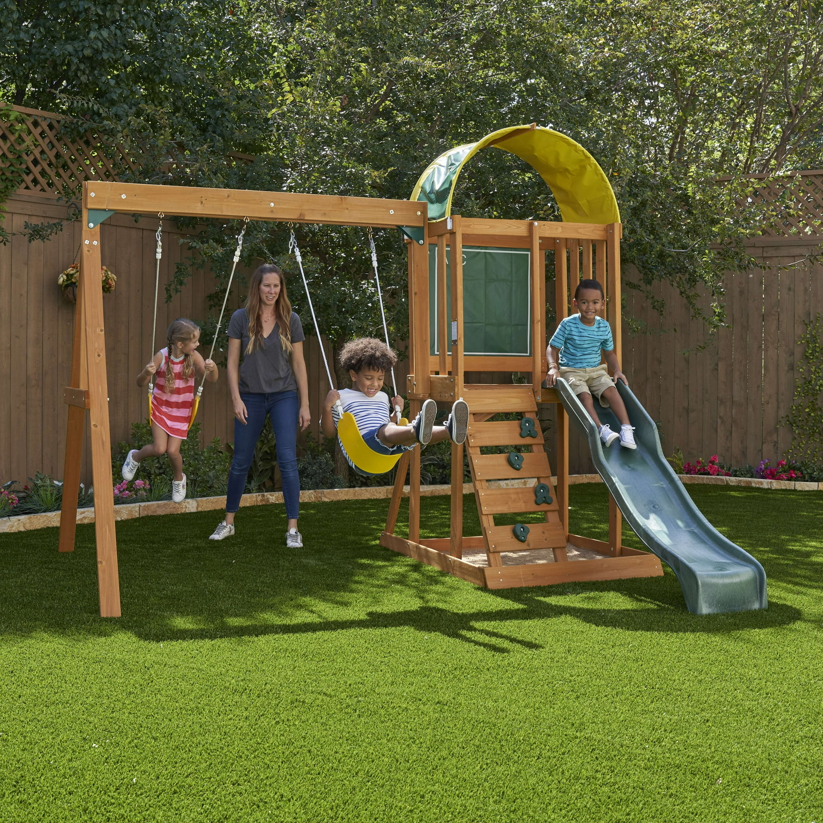 Outdoor Swing Set Playground Slide Chalk Wall Sandbox Rockwall Kids Backyard Fun