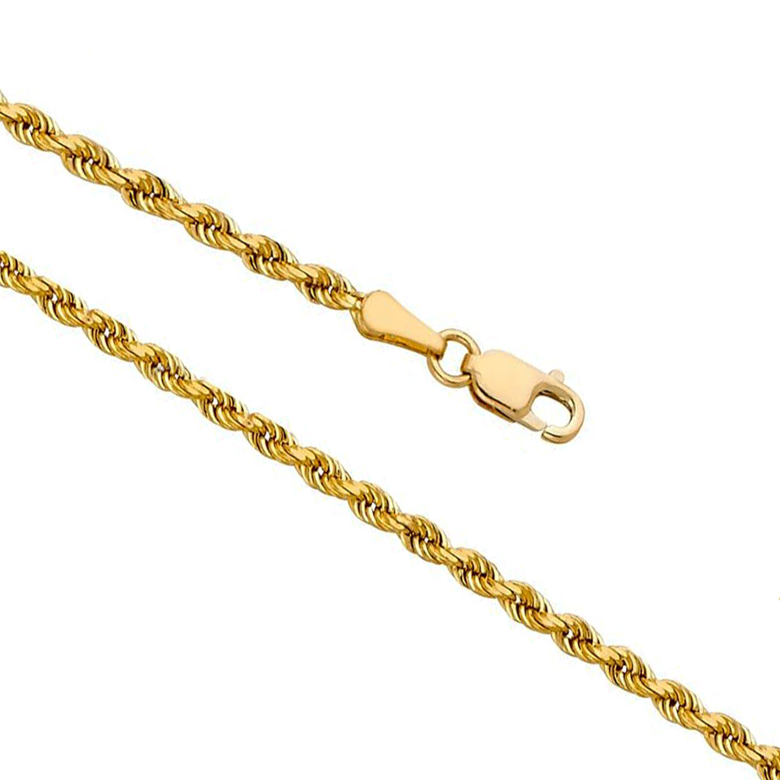 14K Real Solid Yellow Gold 1.5mm-3mm Rope Chain Necklace with Lobster Claw Clasp
