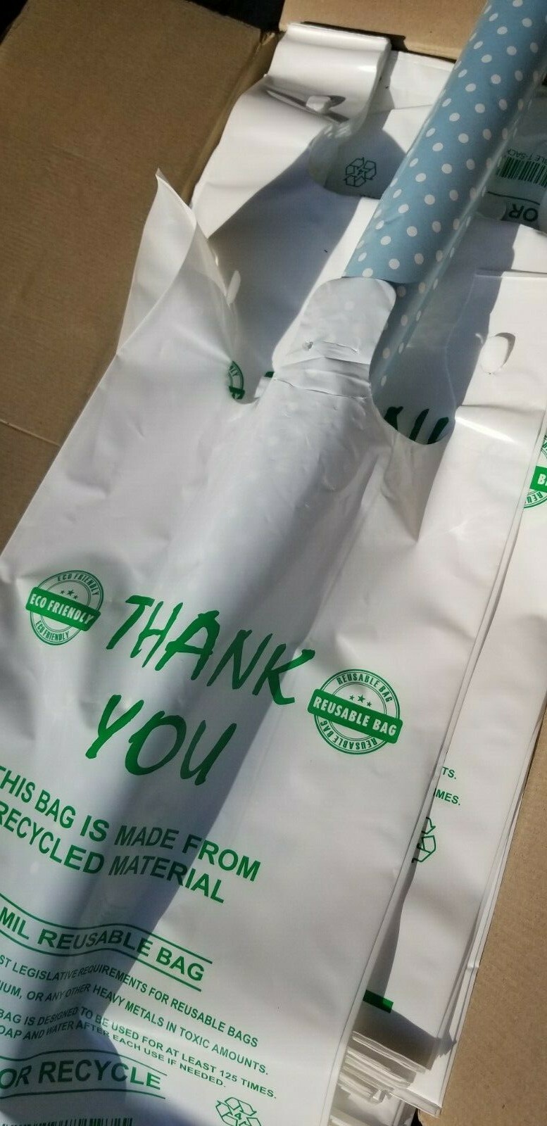 MyBrownBoxes 50pcs LG Thick (2.25Mil) "Reusable" Plastic Shopping Bags, 12x7x23