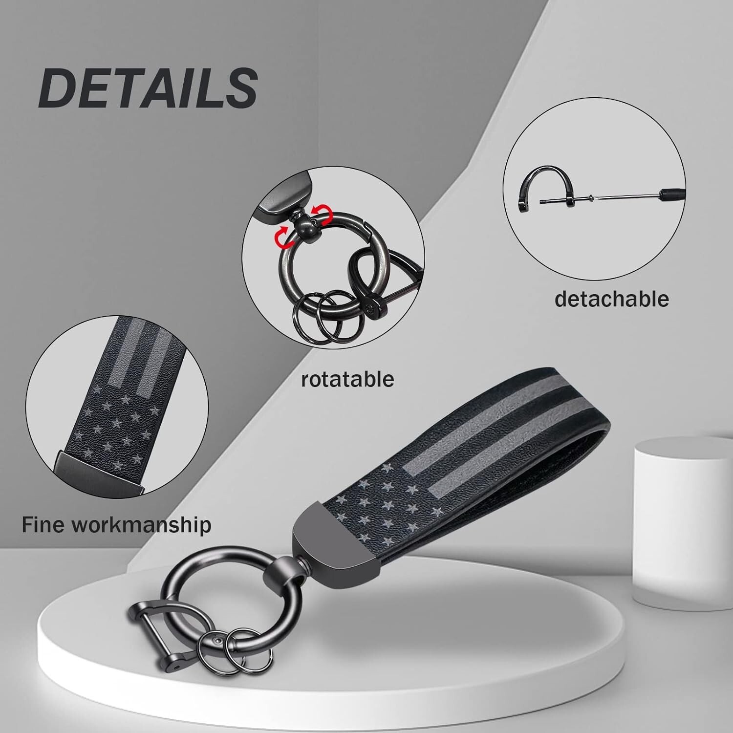 Leather American USA Flag Car Keychain with Zinc Alloy Ring, Tactical Keychain