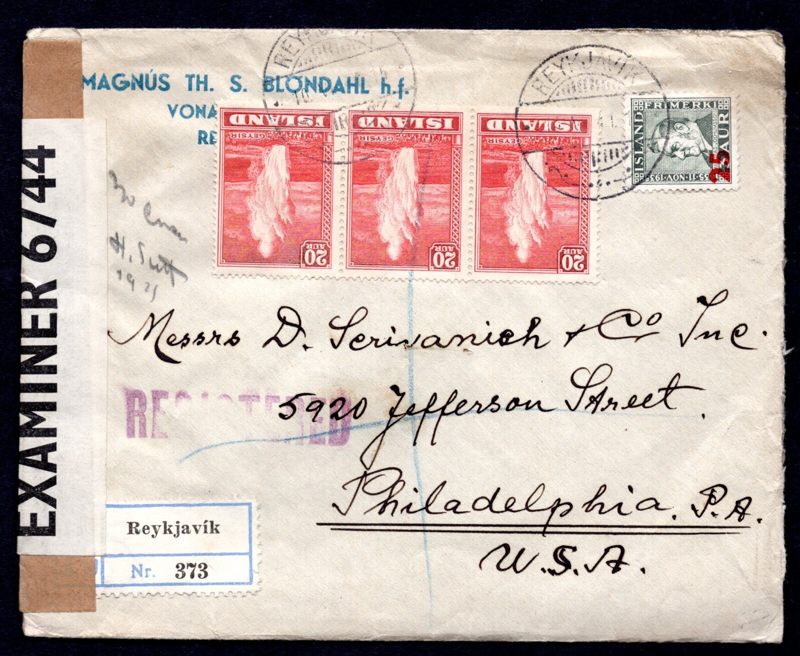 ICELAND 1941 WWII US REYKJAVÍK REGISTERED CENSORED COVER FRANKED