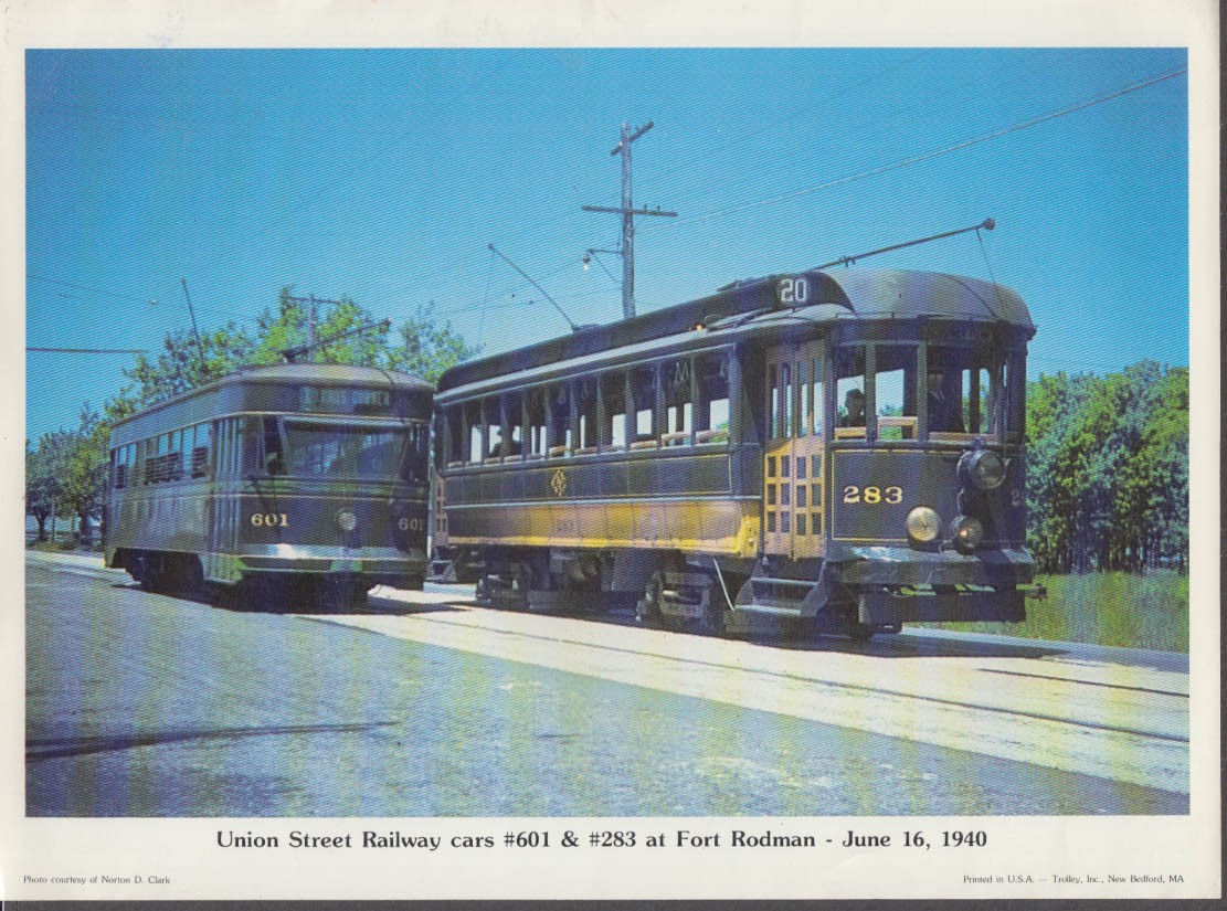 Union Street Rwy streetcars #601 & #283 at Fort Rodman New Bedford MA 1940 print
