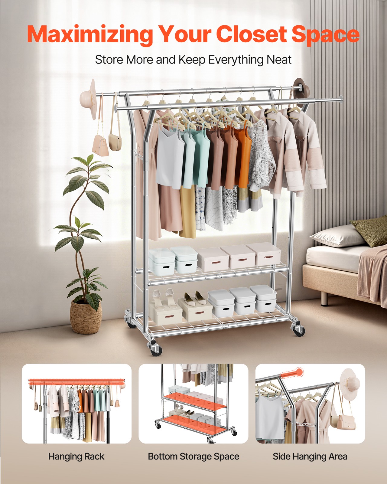 Uimoso Rolling Clothes Rack Garment Rack with Wheels & Storage Adjustable Height